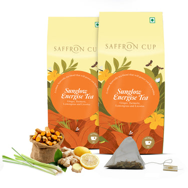 Saffron Cup Sunglow Energize Tea (Ginger & Turmeric) - 40 Pyramid Tea Bags, Pack of 2 (Premium Pyramid Tea bags) - saffroncup